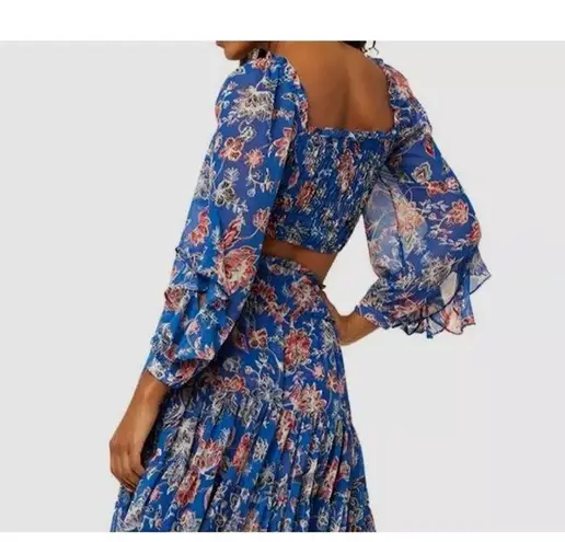 MISA Los Angeles NWOT $275 Blue Floral V-Neck Smocked Crop Blouse Top Size M