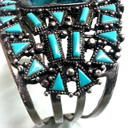Southwestern Style Wide Cuff Bracelet Turquoise Mosaic Design Blue
