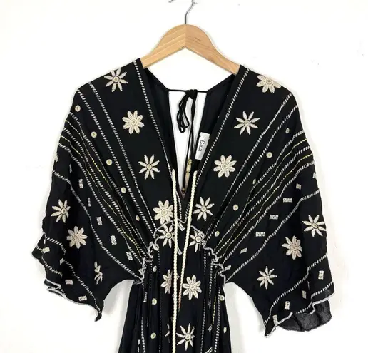 Zury Black White Embroidered Boho Maxi Dress Festival Peasant Tiered Flowy Size M