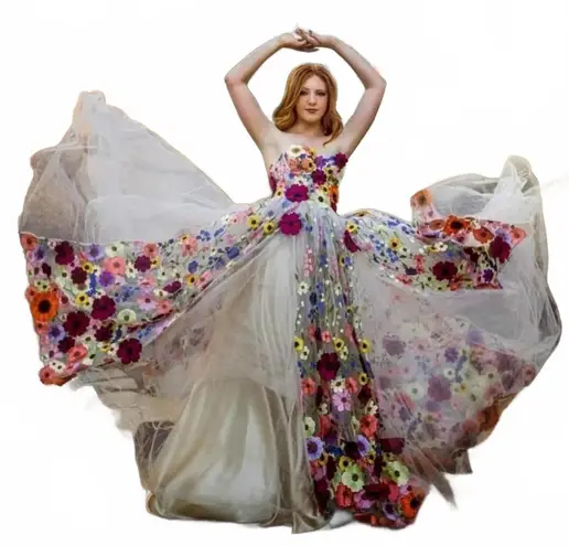 Whimsical Floral Colorful Boho Beach Wedding Dress w/Removable Sleeves Size 10