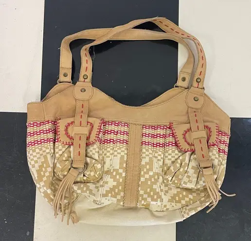 Lucky Penny Anthropologie Boho Leather Canvas Fringe Shoulder bag Hobo Cowgirl Tan