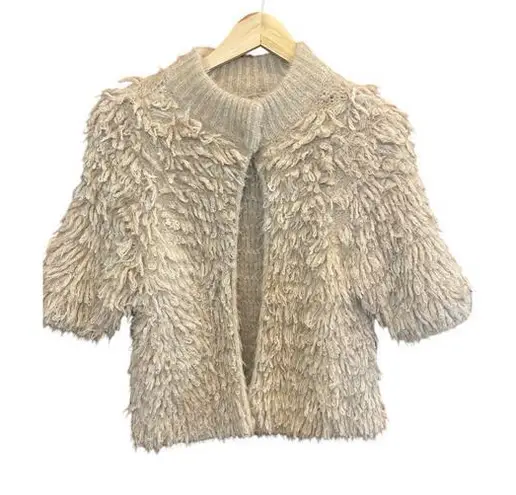 Anthropologie Knitted & Knotted Cardigan Boho Short Sleeve Sweater Jacket Cream Tan Size XS