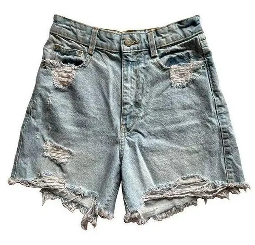 ZARA Vintage Style Ultra High Waisted Distressed Light Wash Denim Shorts 4/26