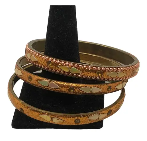 Three Bronze Bohemian Trendy Intricate Decorative Patterns Style Bracelets Brown