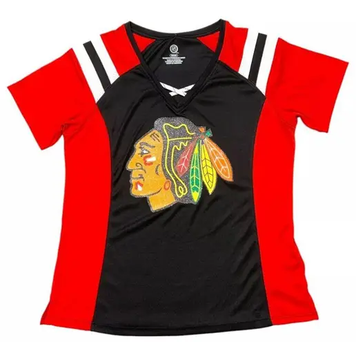 NHL Chicago Blackhawks Women's Black Lace Up Short Sleeve Jersey, Large Red