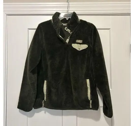 LL Bean High Pile Fleece Fuzzy Pullover Women’s Medium 1/4 Snap Green Jacket