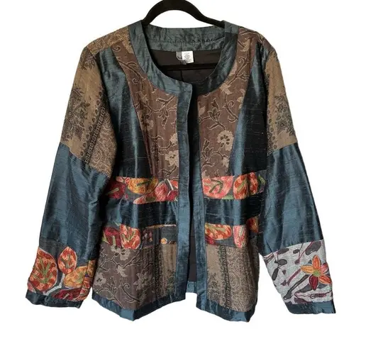 ANU Size L Silk Wool Blend Colorful Patchwork Art to Wear Boxy Lightweight Coat Size L