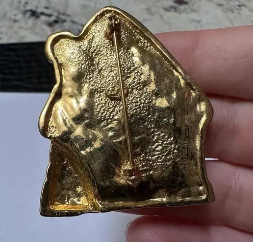 NWOT Signed SFJ Christmas Holiday Brooch Pin Enamel Red House with Tree And Snow