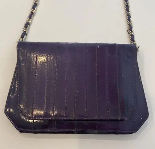 Lee Sands Vintage 1980s Purple Eel Skin Crossbody/Clutch Bag Snap Closure Mirror
