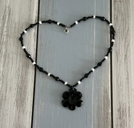 Handmade Cute Beaded Choker Necklace W Assorted Black & White Beads & Flower Pendant