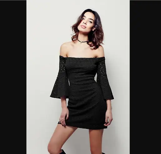 Free People Sophia Black Eyelet Off The Shoulder Boho Mini Dress S