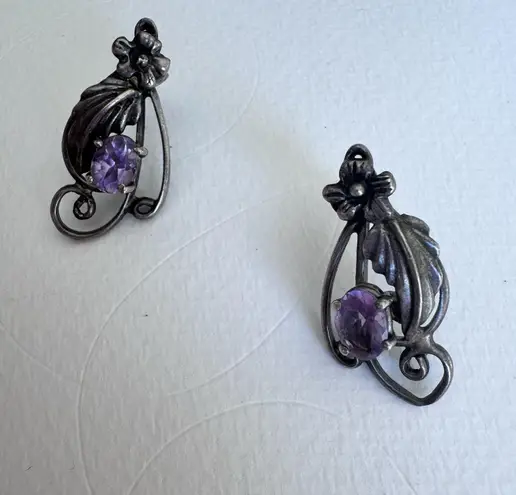 Vintage Sterling Silver Amethyst Orchid Feather Southwestern Drop Earrings Estat