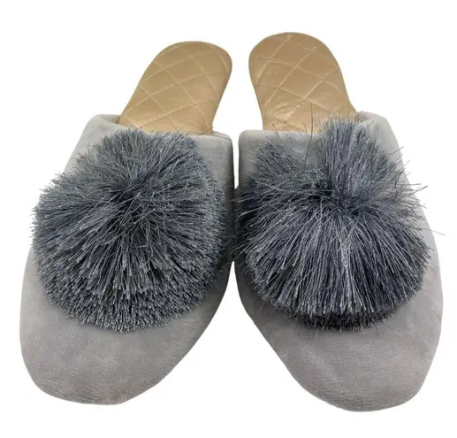 Womens Gray Velvet Quilted Slippers With Faux Fur Pom