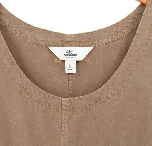 Amy K Su AKS Tencel Pinafore Jumper Maxi Buttoned Pockets Brown Dress L Size L