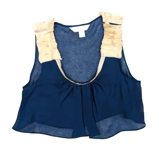 McGinn Sheer Cropped Ruffled Shoulder Top Teal and Cream Size 4