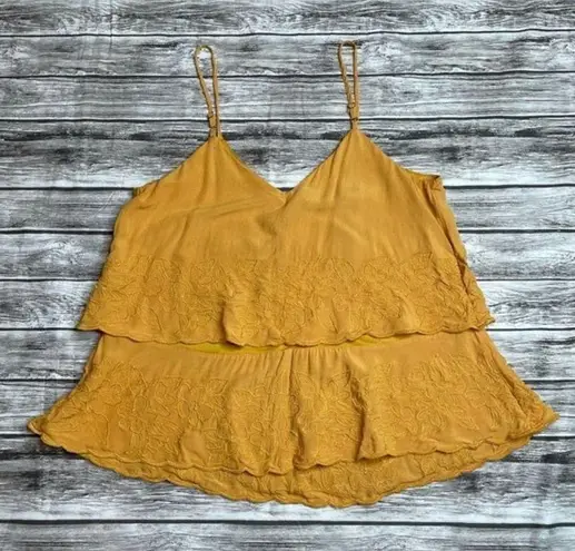 Abbeline Tiered Floral Embroidered Light Tank Top XS Extra Small Mustard Yellow