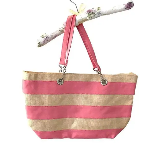 Ulta Pink Striped Tote Bag Inner Pockets Beach Gym Bag Medium Size