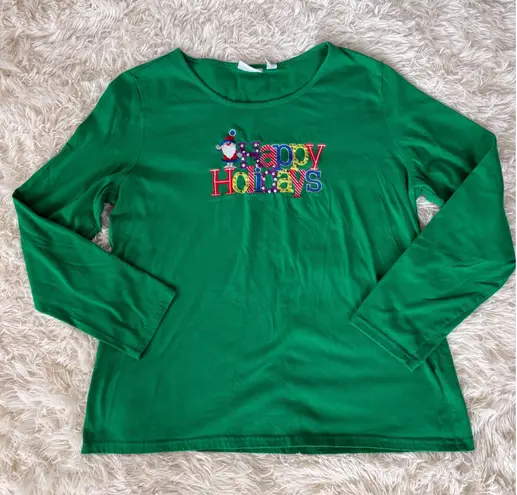 kim rogers XL Green Happy Holidays Santa Holiday Embroidered Long Sleeve Top