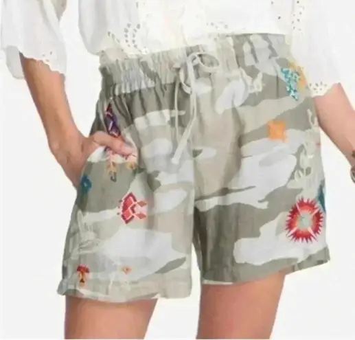 Johnny Was Saguaro Linen Blend Floral Flower Embroidered Camo Shorts