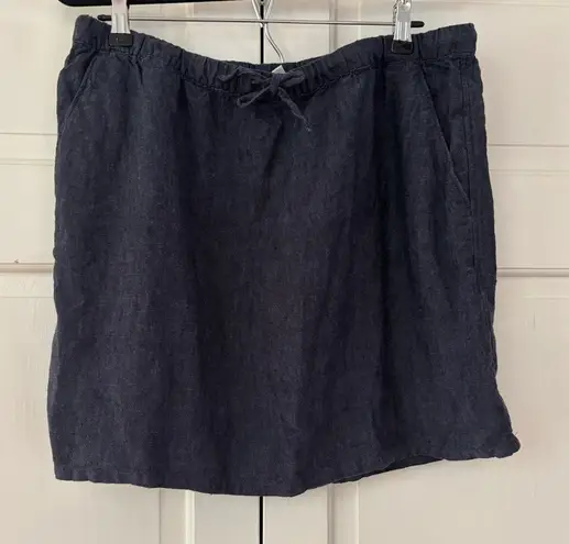 Garnet Hill Essential 100% Linen Pull On Denim Mini Skirt Pocket Chambray Size L