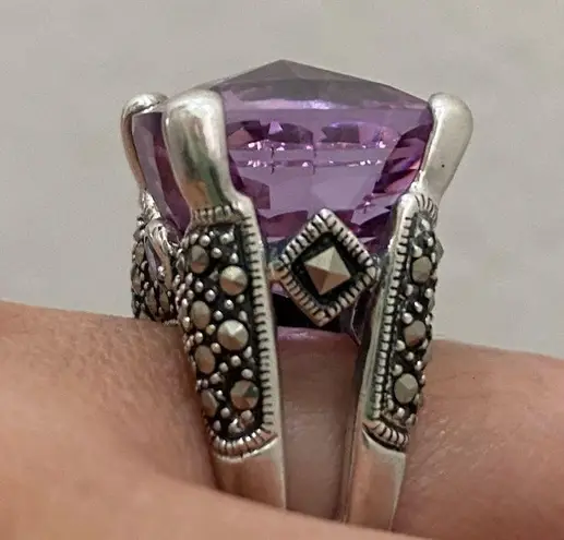 Amethyst Vintage Purple & Marcasite 925 Sterling Silver 16mm Cocktail Ring Sz 8