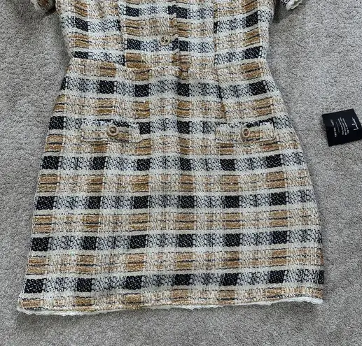 NWT Lulus Uniquely Posh Beige Tweed Sequin Lurex Short Sleeve Mini Dress Size L Gold Size L