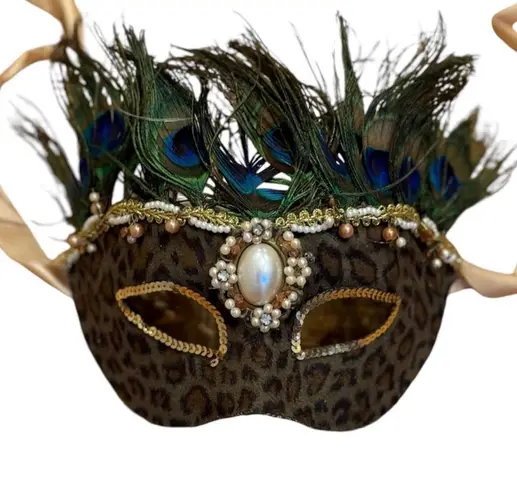Pottery Barn Masquerade Mask Animal Mardi Gras Ornate Peacock Feathers Jewel Print