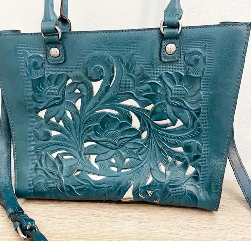 Patricia Nash  Zancona Tote Tooled Leather Cutout Blue Coral Crossbody