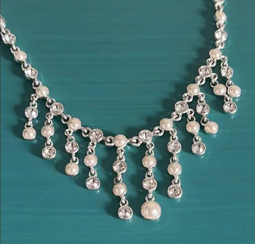 Waterfall Rhinestone Pearl and Silver Bridal Prom Formal Occasion Necklace