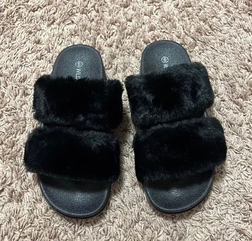 Wild Diva Black Faux Fur Double Band Slides