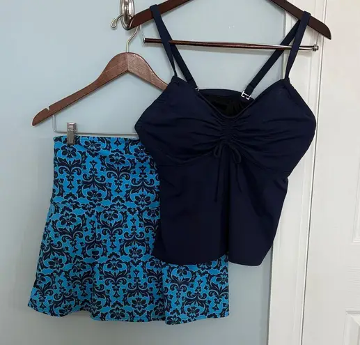 Lands End Tankini and Navy Patterned High Waisted Women's Swim Skirt Plus 14W L Blue