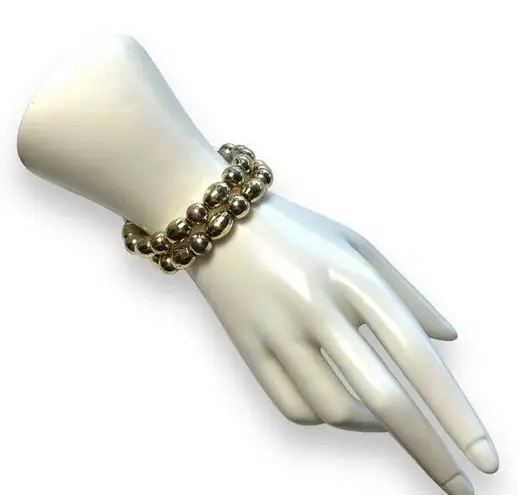 Womens Set of 2 Matching Metallic Beaded Stretch Bracelets Gold Tone