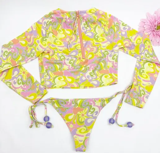Beach Riot NEW X Free People Rashguard Bikini Swim Set Lindsay Soleil 70s Swirl