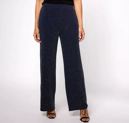 Susan Graver New Occasions Metallic Knit Wide Leg Pants Navy Blue Size Medium