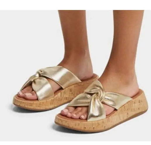 FitFlop F-MODE Metallic Leather-Twist Flatform Slides (Cork Wrap) in Gold Size 7