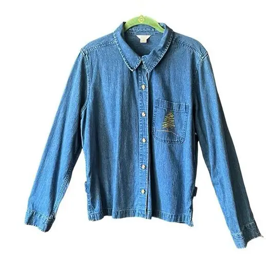 Christopher & Banks Vintage Denim Embroidered Pine Tree with wood tree buttons. Sz.L