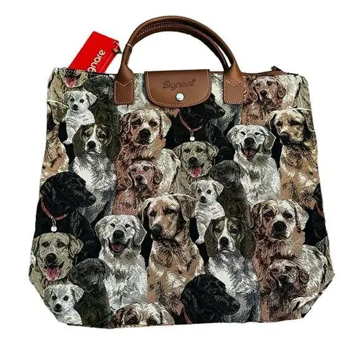 Signare Tapestry Foldable Tote Shopping Bag Snap Button Labrador Dogs NWT