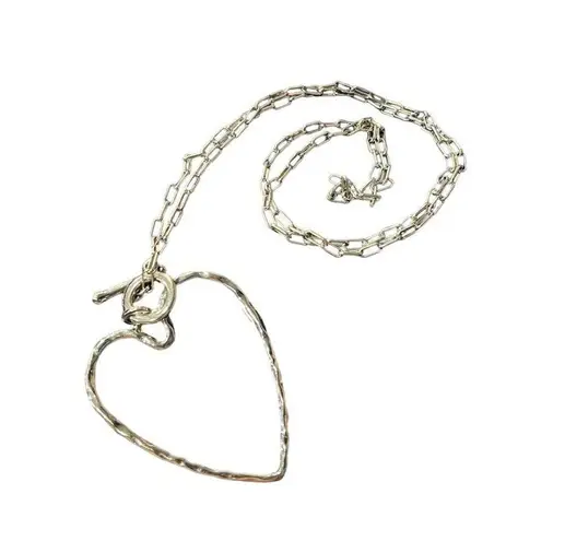 Large Silver Hammered OpenHeart Pendant Necklace 32" Silver Toggle Chain