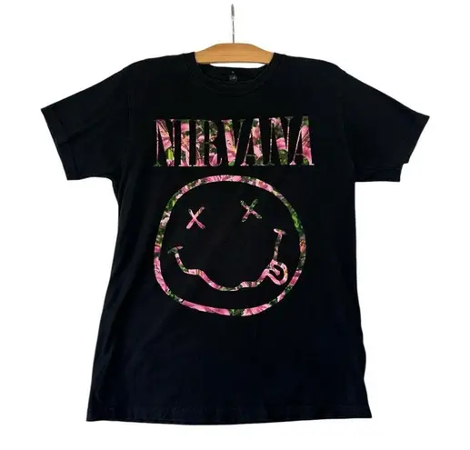 Nirvana Kurt Cobain Floral Smiley Face Graphic T-Shirt Black Pink sz Medium