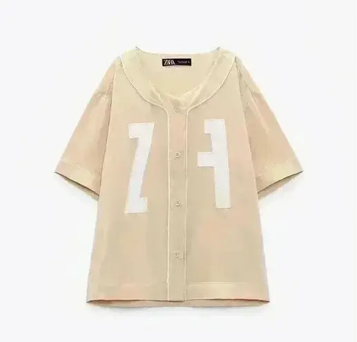 ZARA NWT |  Satin Effect Embroidered Jersey Shirt | Women’s U.S. Small | Varsity