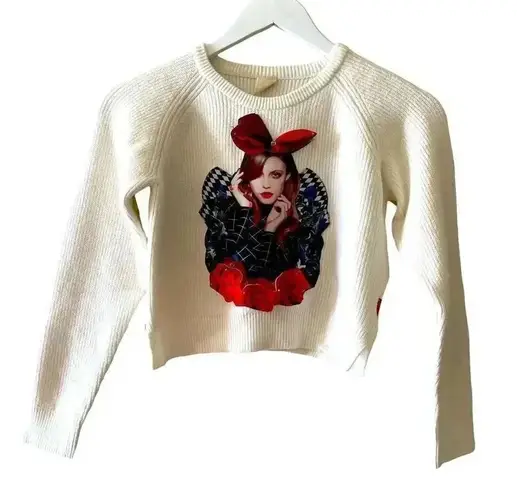 Kinddog Unique Long Sleeves Cropped Girl Womens Ivory Red Winter Cozy Sweater S White