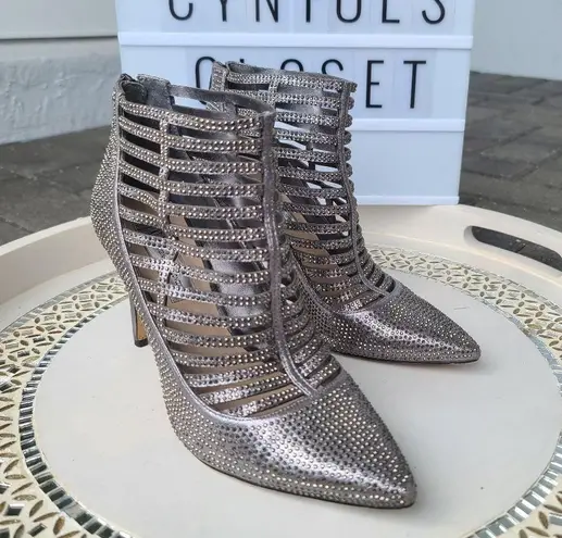 INC Kacela2 Caged pewter/silver rhinestone high heel booties sz 7.5