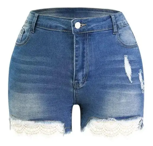 NWT ~ Women's Plus Size Stretch Denim & Lace Blue Jeans Shorts & Frayed Hem ~ 3X