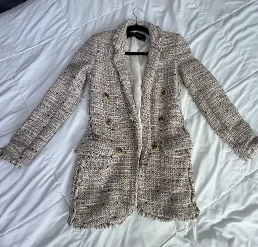 ZARA cream open front gold button tweed long sleeve blazer jacket XS