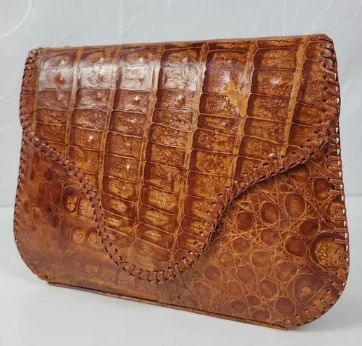 Vintage Womens Genuine Alligator Skin Leather Clutch Purse Cognac Brown Handmade