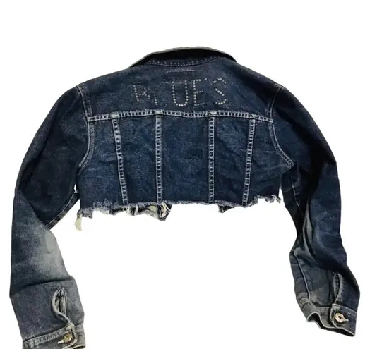 Ultra Short Cropped Raw Hem Denim Jacket Blue Size L