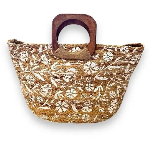 Antik Kraft  Large Woven Beach Tote Wood Handle Printed Seagrass Oversized Summer