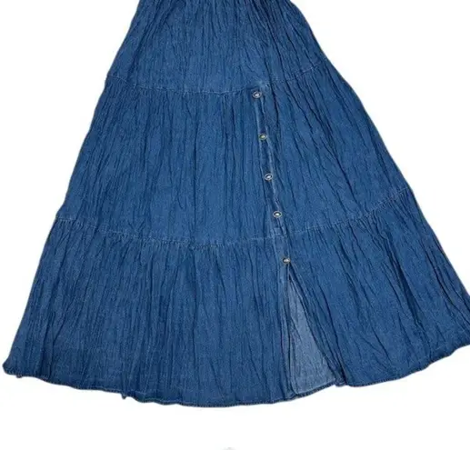 Vintage Crazy Cowgirl Tiered Maxi Skirt Concho Button Front Elastic Waist Sz Sm Blue