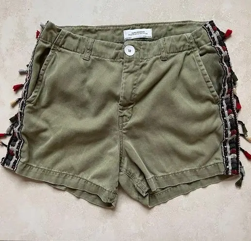 ZARA  Green Woven Embroidered Tassel Shorts Size 4