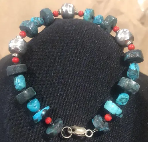Sterling Silver and TURQUOISE Rustic Bracelet with Lobster a Clasp
